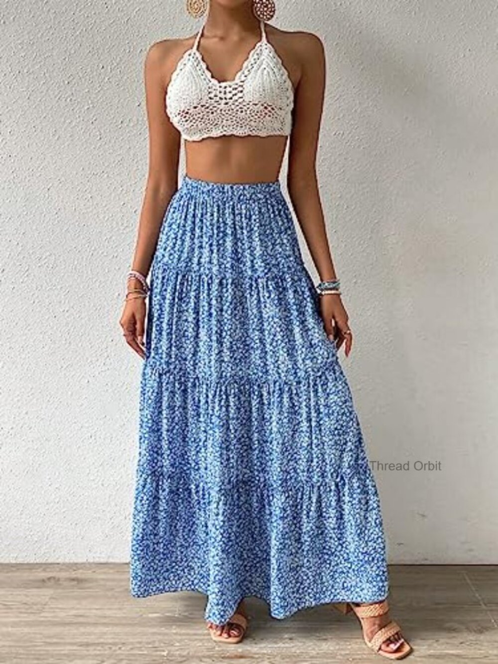 Floral Print High Waist Pleated Ruffle Flowy Maxi Skirt - Picture 5 of 5